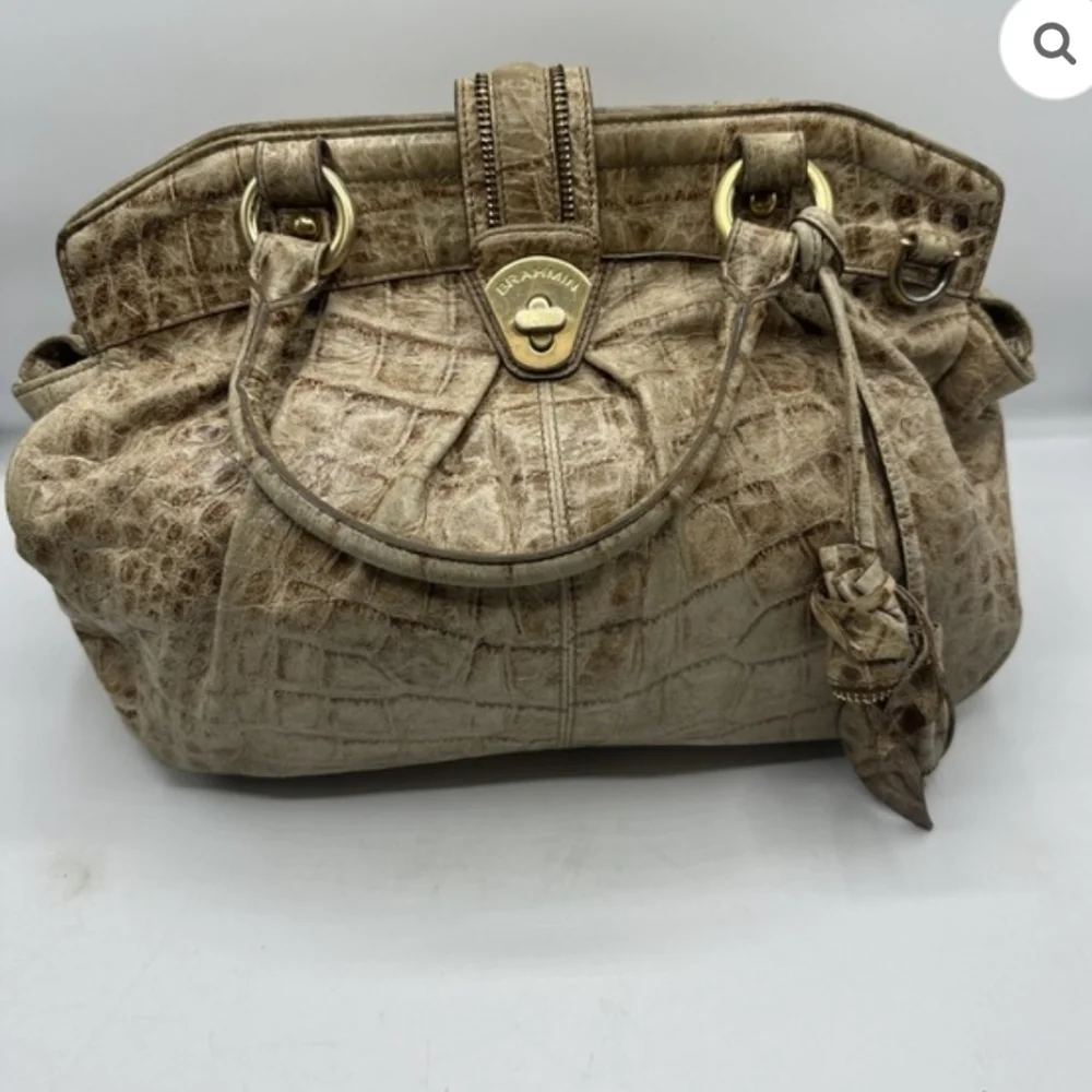 Brahmin Crocodile-Embossed Satchel in Tan